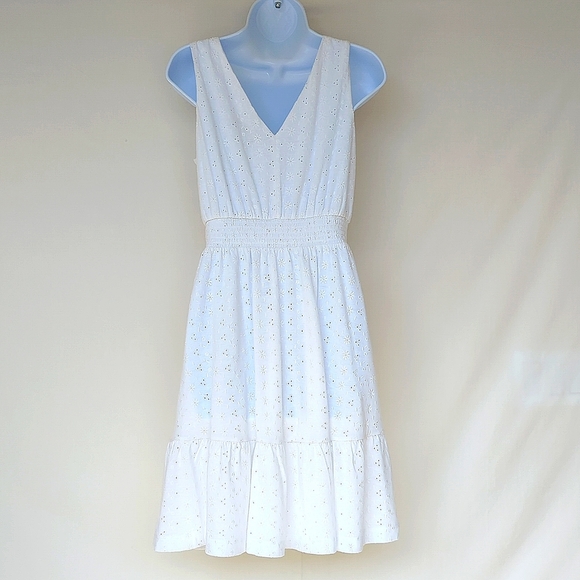 LOFT | White Eyelet Flounce Double V Dress, - Picture 10 of 15